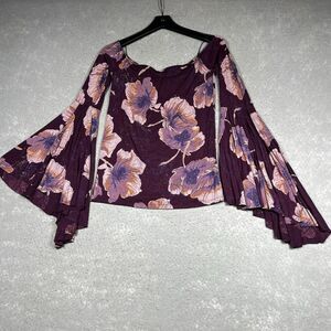 Free People Size Medium Purple Bell Sleeve Off the Shoulder Top Boho Festival